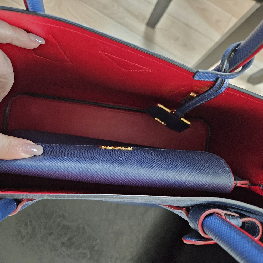 PRADA Medium Saffiano Leather Double Bag Bluette/ Fiery Red Authentic with Box! - Picture 2 of 8